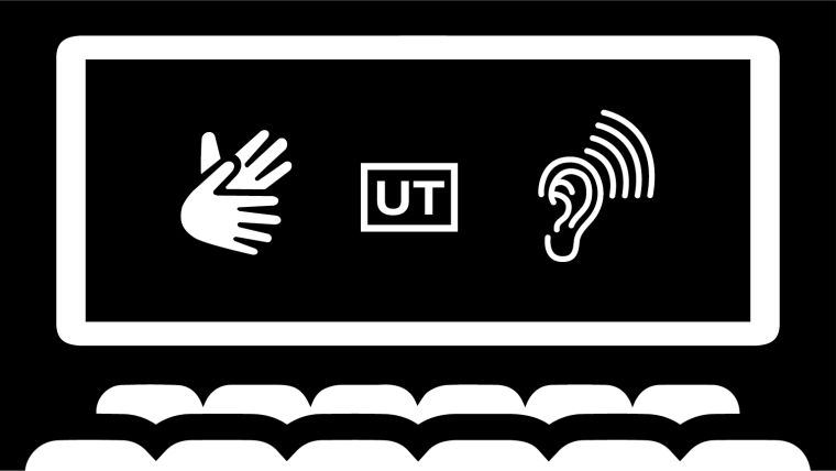 Ein Icon: Stilisiert in schwarz-weiß ein Kinosaal. In der Mitte eine Leinwand. Auf der Leinwand von links nach rechts Piktogramme für Gebärdensprache, Untertitel und Hörbehinderung. Unter der Leinwand zwei Sitzreihen. 